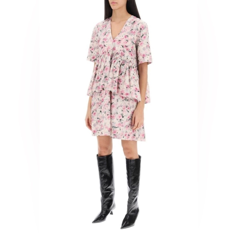 Ganni Organic Cotton Pink Rose Print Flounce Oversize Mini Dress Size 2 NWT